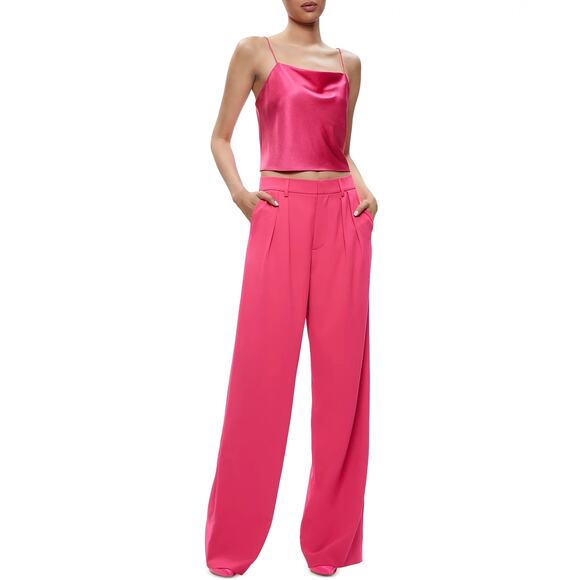 Alice + Olivia Harmon Candy Pink Satin Cami Top Sz Medium Cropped Cowl Neck Tank - Picture 6 of 16